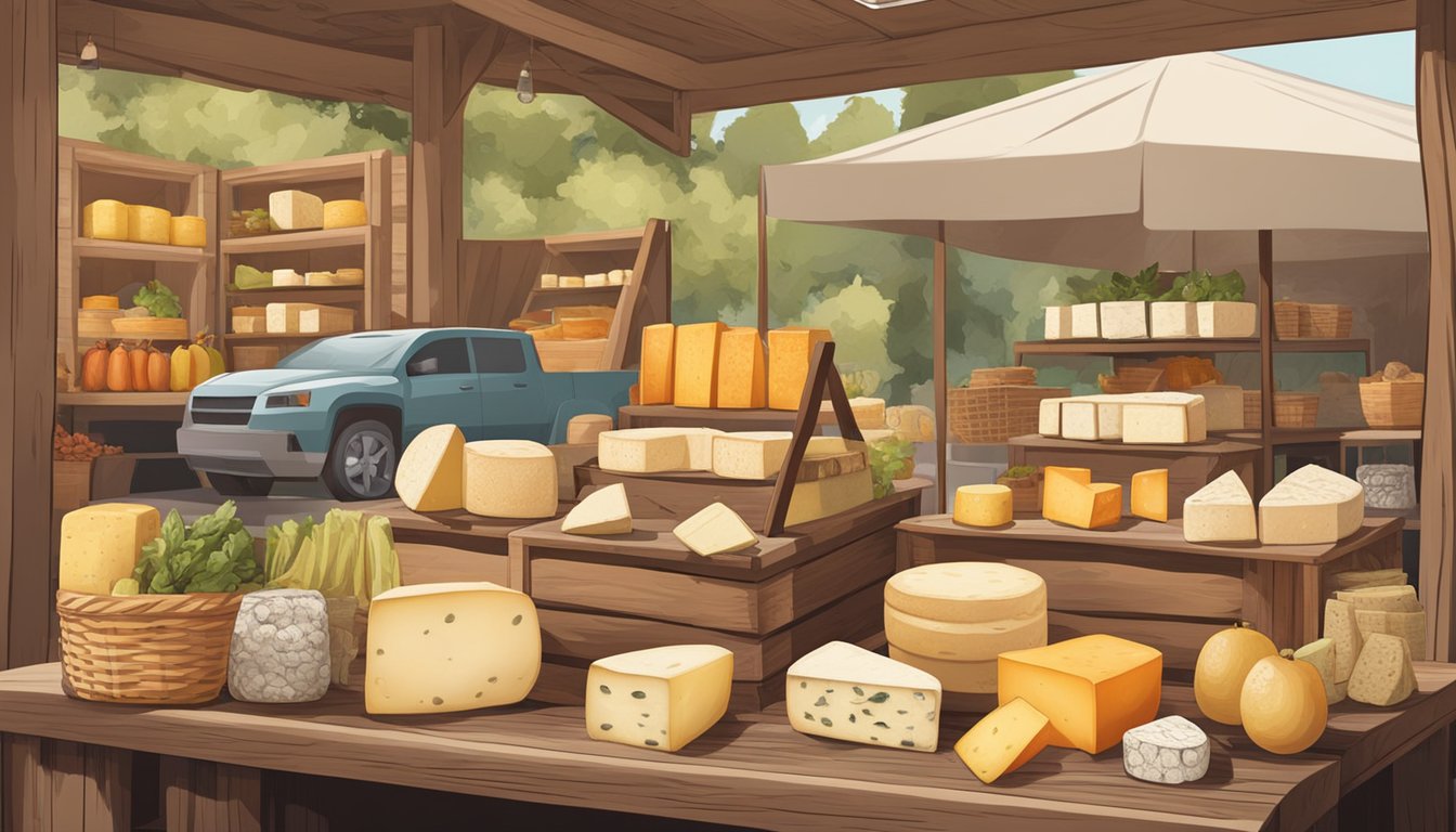 A rustic farmer's market stall with a variety of handmade Wisconsin artisan cheeses displayed on wooden boards and in baskets