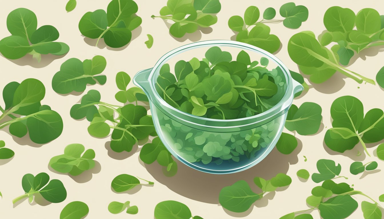 A bunch of watercress leaves overflowing from a measuring cup, with a few leaves scattered around it