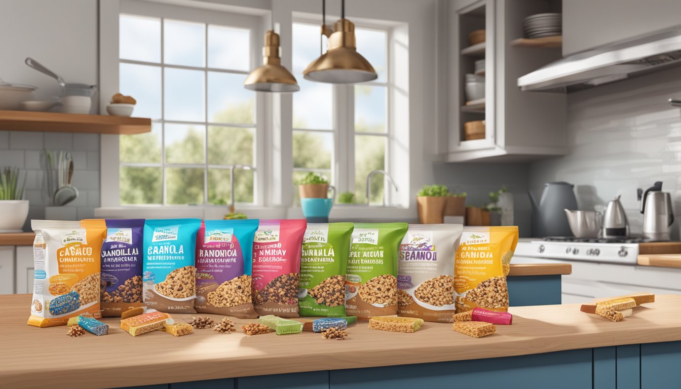 A colorful array of Madegood granola bars spills out of an open pantry onto a clean, organized kitchen counter