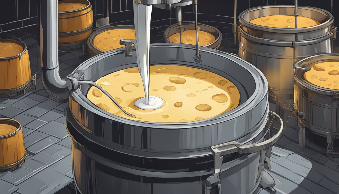 Milk being poured into a large vat, stirred and heated, then formed into cheese wheels and left to age in a cool, dark cellar