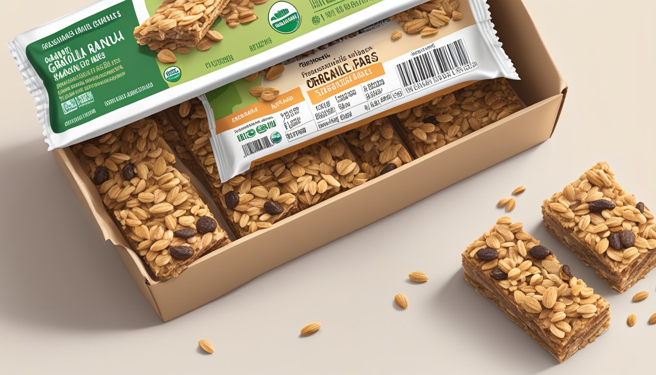 A pile of cascadian farm organic granola bars spilling out of an open box, with a nutrition label visible