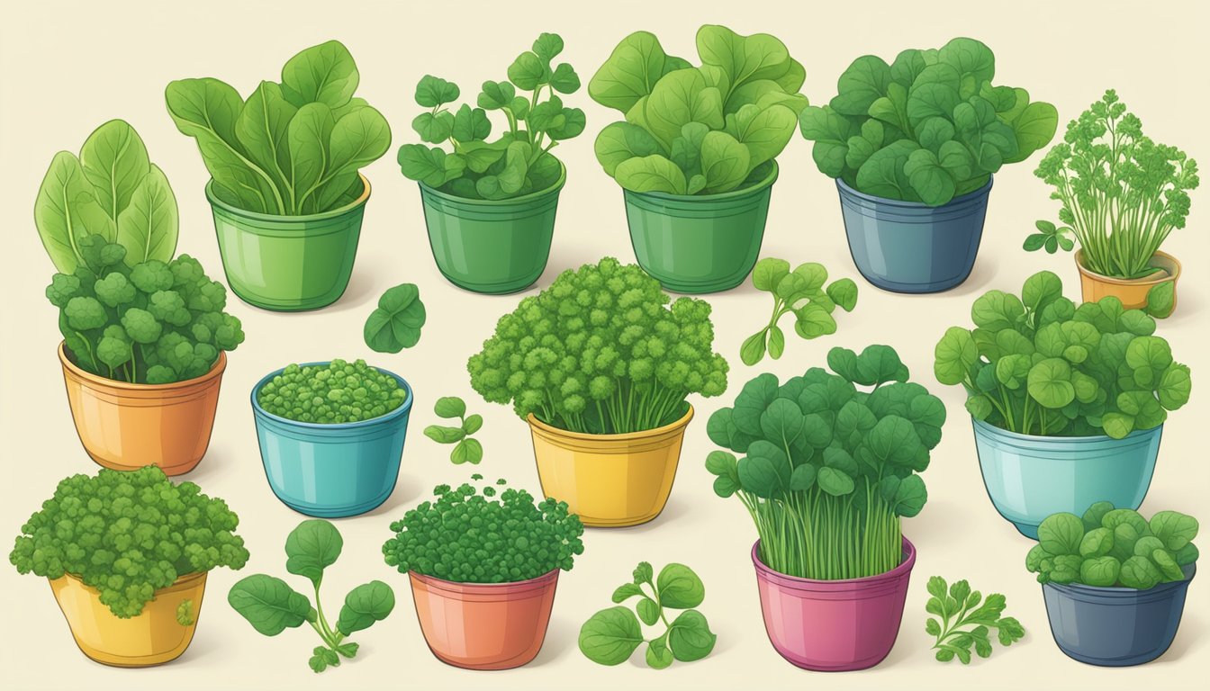 A variety of leafy greens, including watercress, are displayed in colorful cups, showcasing their antioxidant properties