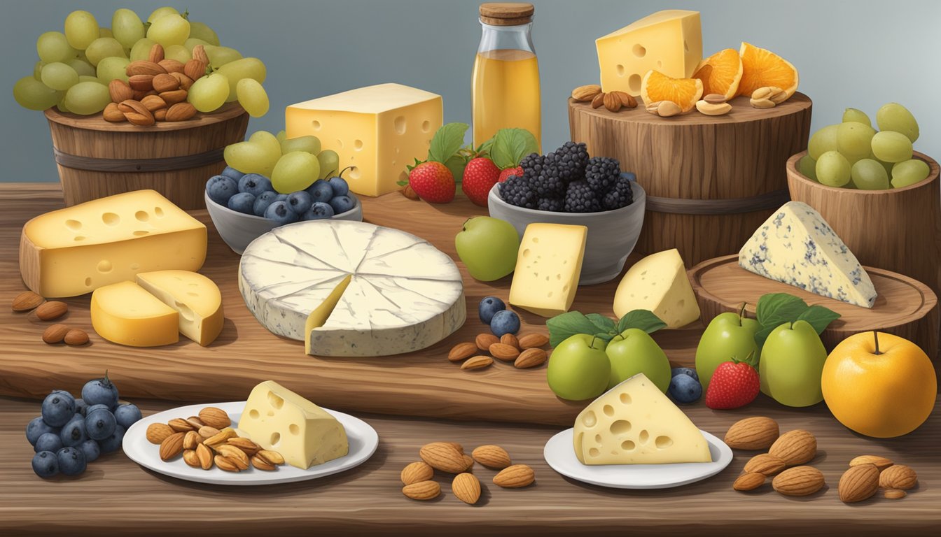 A rustic wooden table displays an assortment of Wyoming artisan cheeses alongside a selection of fresh fruits and nuts