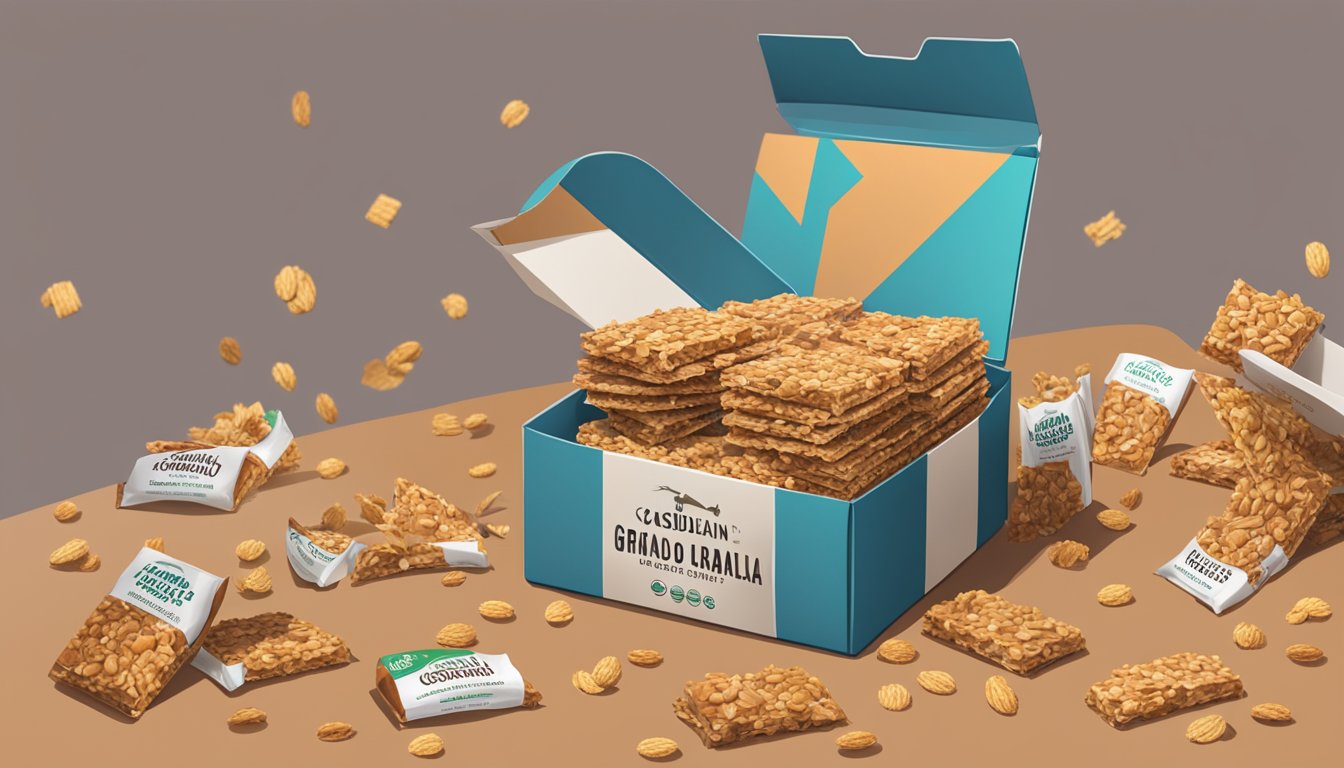 A pile of cascadian farm organic granola bars spilling out of an open box, with a concerned person looking at the overflowing stack