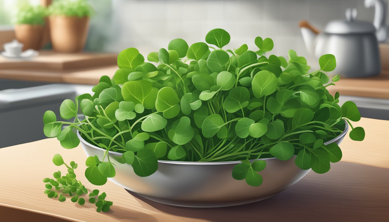 A bowl of fresh watercress leaves, vibrant green and packed with antioxidants, sitting on a kitchen counter