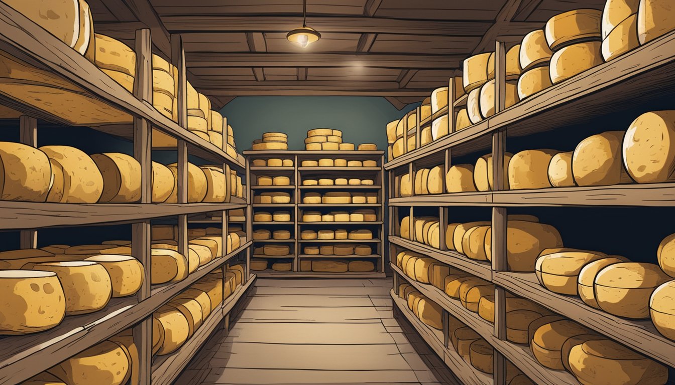 A rustic Wyoming cheese cellar, filled with aging wheels of local artisan cheese, shelves lined with carefully curated affinage