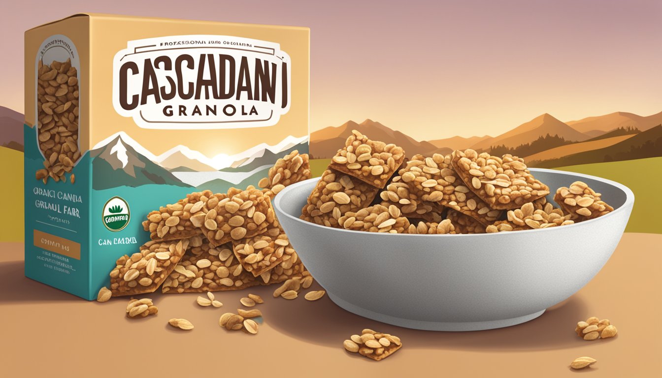 A pile of cascadian farm organic granola bars overflowing from a large bowl, with an empty box nearby