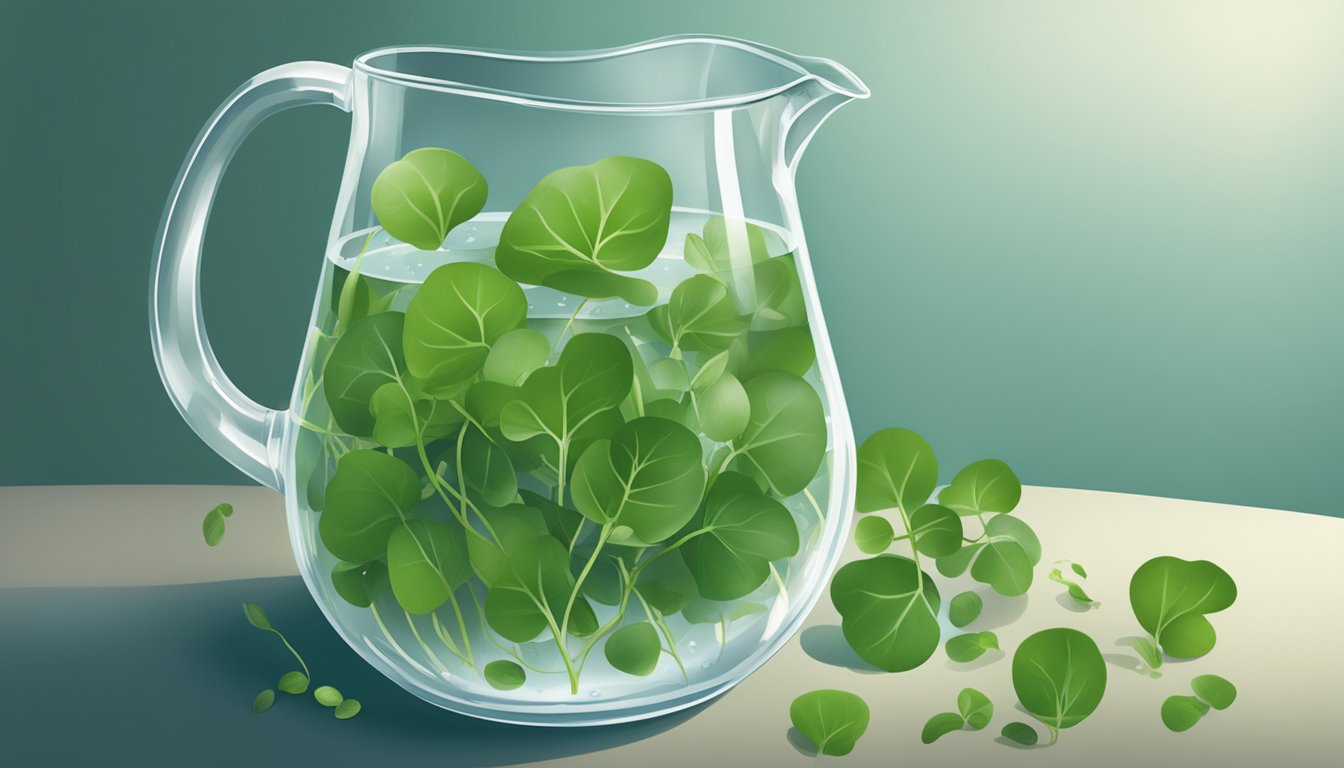 A glass pitcher filled with water and a handful of fresh watercress leaves floating on the surface