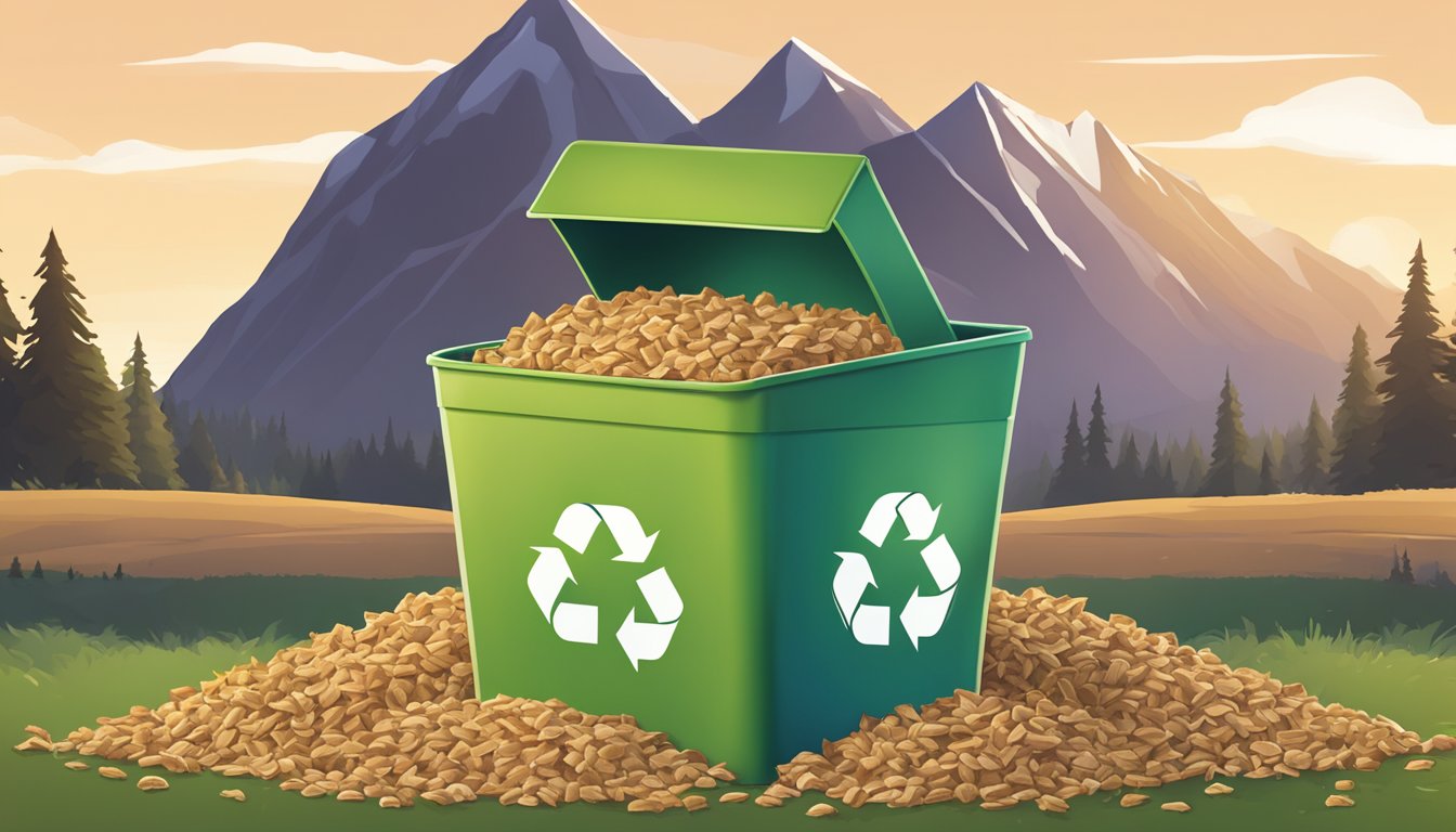 A mountain of empty cascadian farm organic granola bar wrappers overflowing from a recycling bin, surrounded by untouched bars