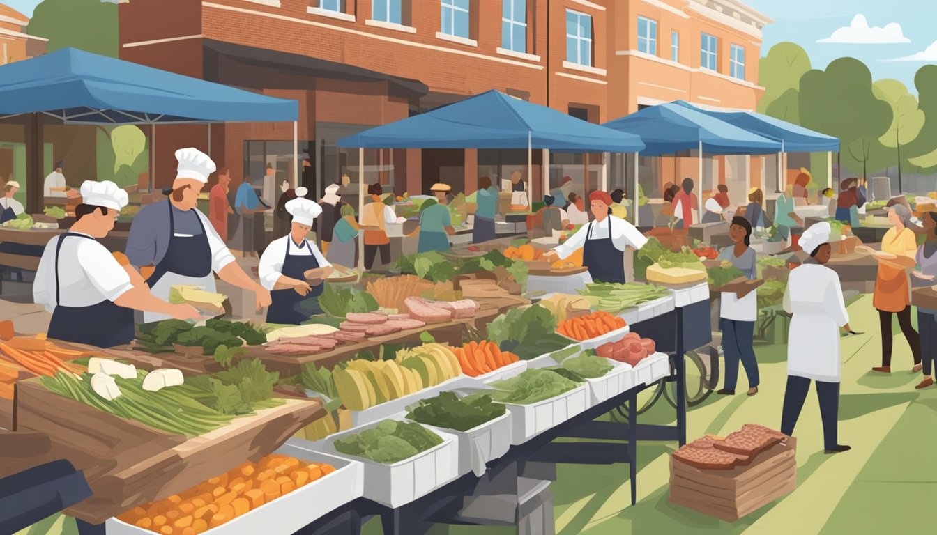 A bustling outdoor farmers' market with vendors selling fresh produce, artisanal cheeses, and locally sourced meats. A chef is demonstrating a cooking class using Illinois-grown ingredients