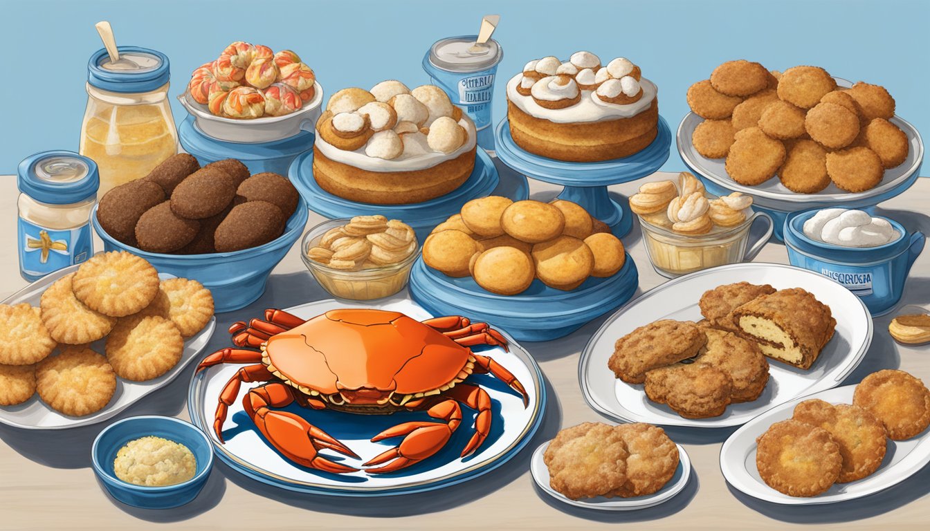 A display of Maryland's famous sweet treats and baked goods, including crab-shaped cookies, blue crab-shaped cakes, and Old Bay-seasoned pastries