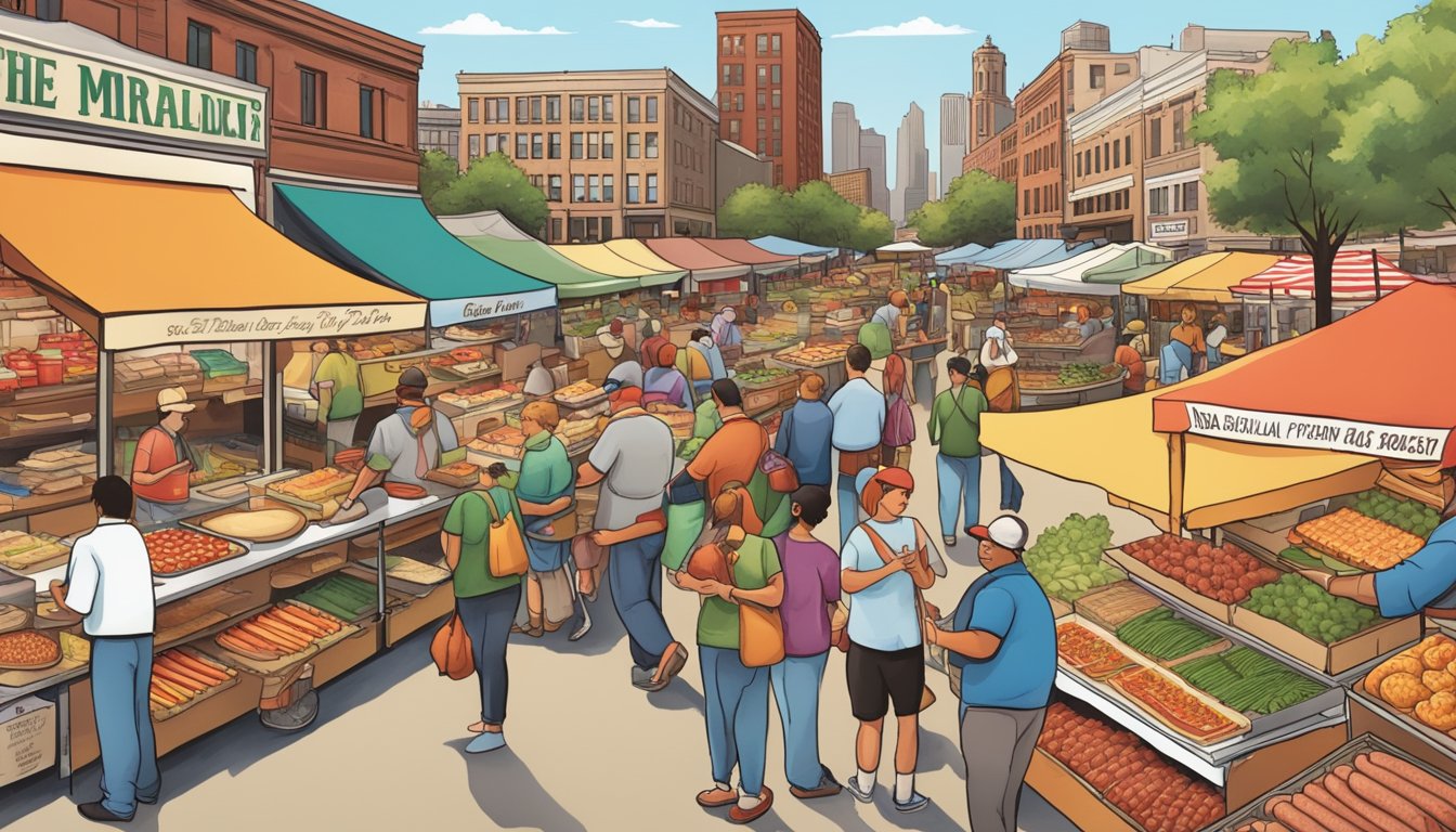 A bustling farmer's market with vendors selling deep dish pizza, Chicago-style hot dogs, and other iconic Illinois foods