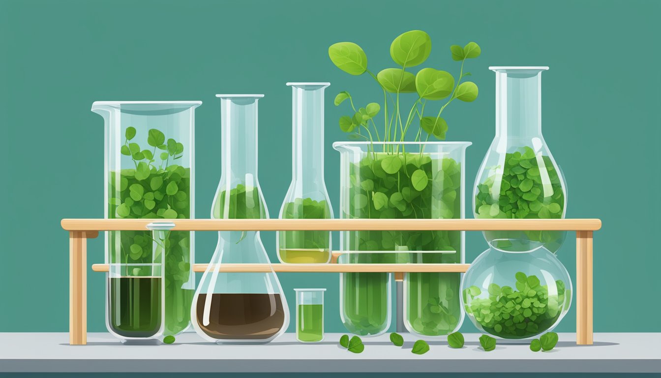 A laboratory table with beakers, test tubes, and fresh watercress leaves arranged for antioxidant research