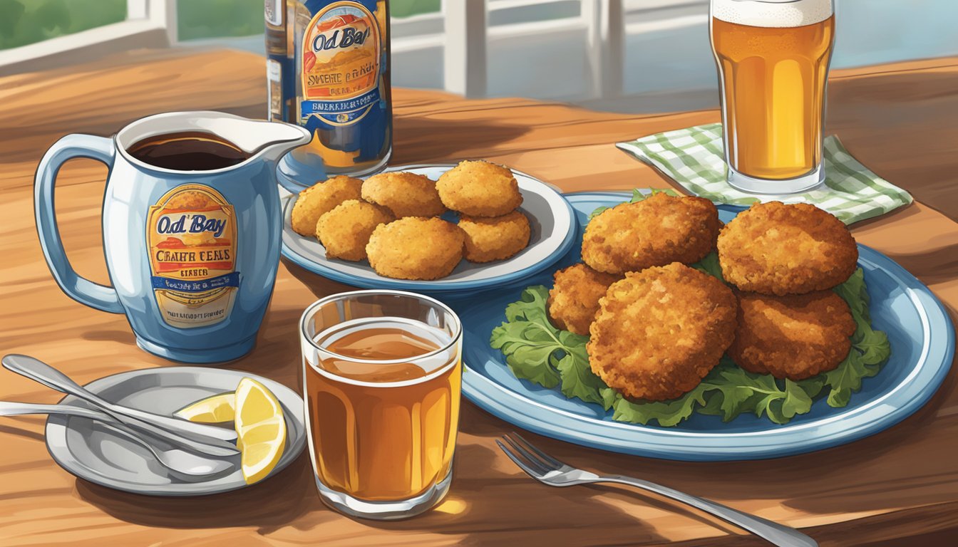 A table set with crab cakes, Old Bay seasoning, and glasses of local craft beer and sweet tea