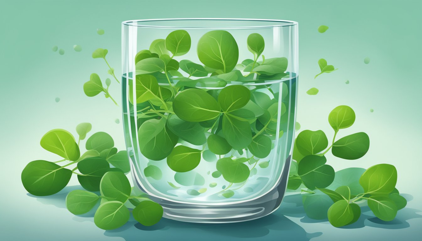 A handful of watercress floating in a glass of water, surrounded by vibrant green leaves and stems