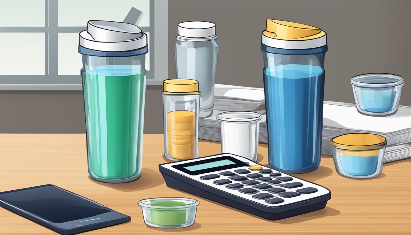 A table with multiple empty protein shake bottles, a measuring cup, and a calculator for determining servings