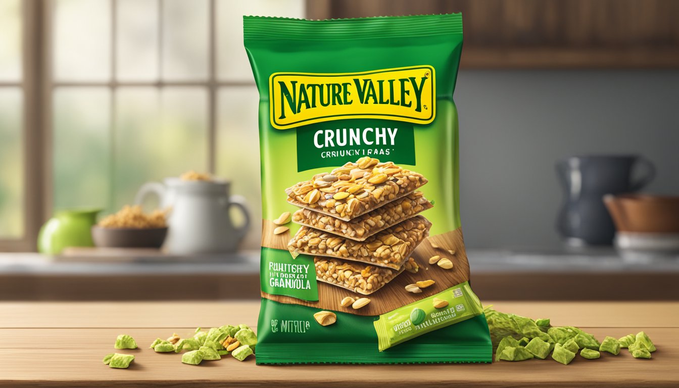 A pile of Nature Valley Crunchy Dipped Granola Squares spilling out of a bright green package onto a rustic wooden table