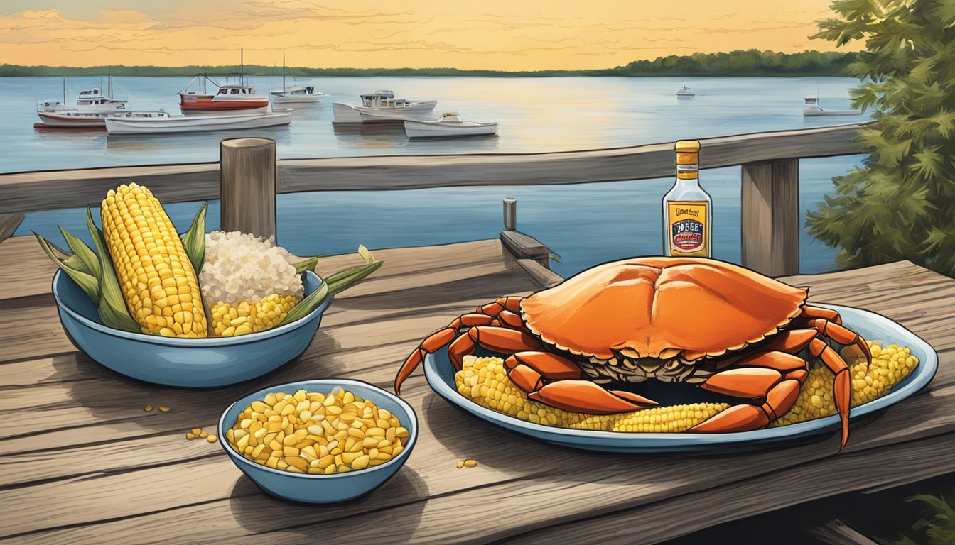 A crab feast on a dock overlooking the Chesapeake Bay, with Old Bay seasoning and corn on the cob