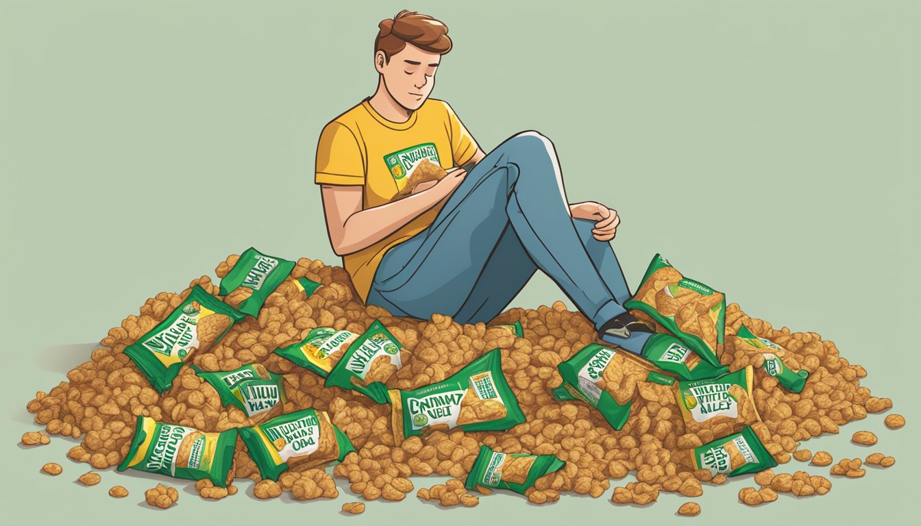 A pile of empty Nature Valley Crunchy Dipped Granola Square wrappers scattered around a person sitting with a stomach ache