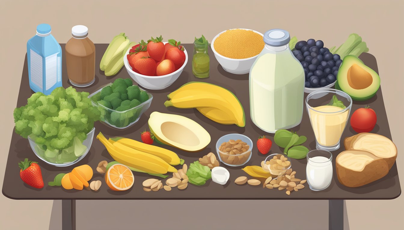 A table filled with various food items, including fruits, vegetables, grains, and a few bottles of Atkins protein shake