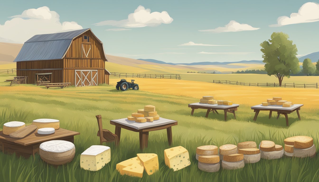 A rustic barn in a grassy field, with a sign reading "Local Wyoming Cheesemakers" and a table displaying various artisan cheeses