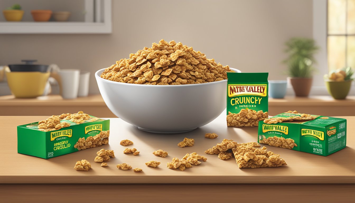 A pile of nature valley crunchy dipped granola squares overflowing from a bowl onto a table