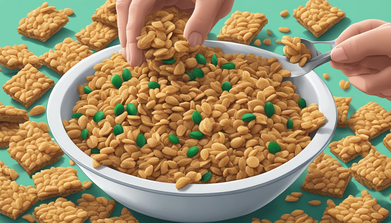 A pile of Nature Valley Crunchy Dipped Granola Squares overflowing from a bowl, with a hand reaching in for another handful