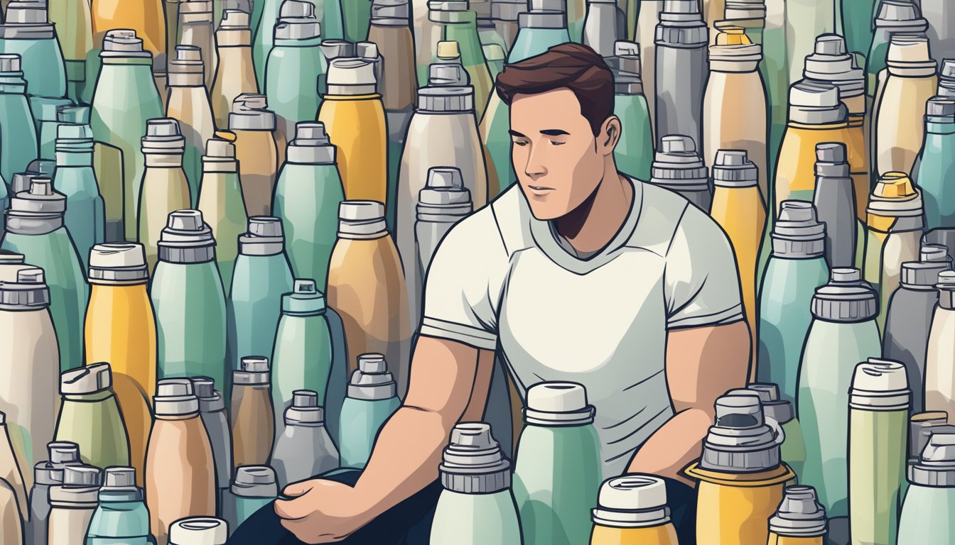 A person surrounded by empty Atkins protein shake bottles, looking overwhelmed