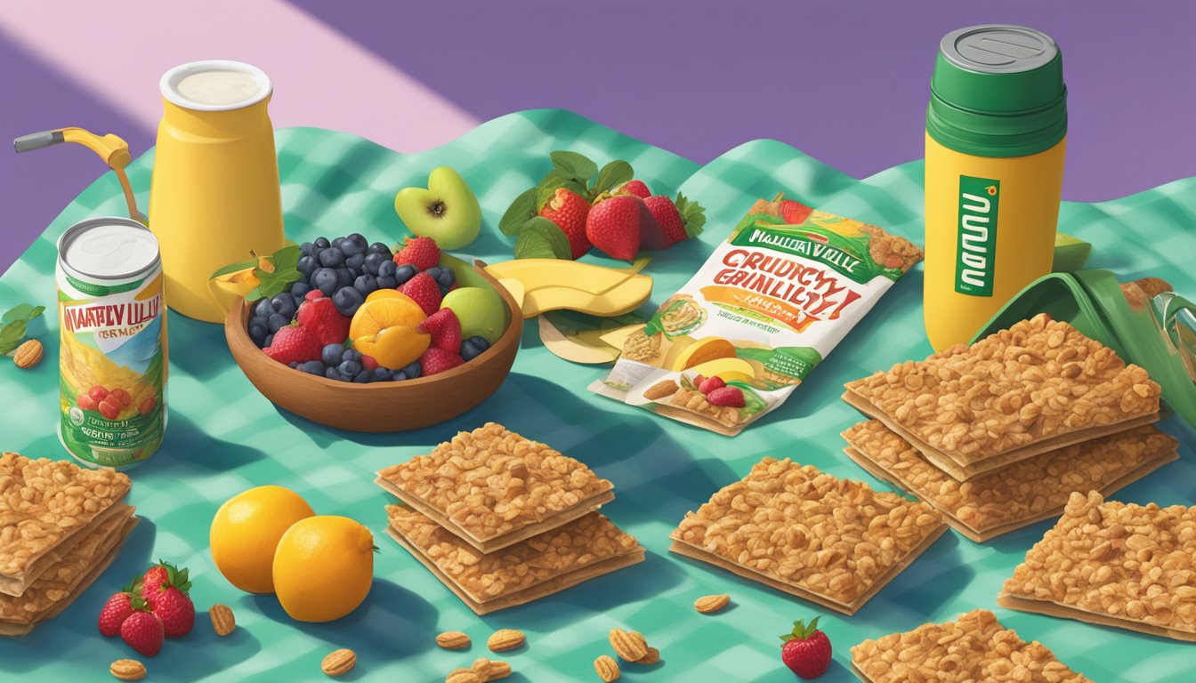 A picnic blanket scattered with empty and half-eaten boxes of Nature Valley Crunchy Dipped Granola Squares, surrounded by a variety of fruits and a thermos of coffee