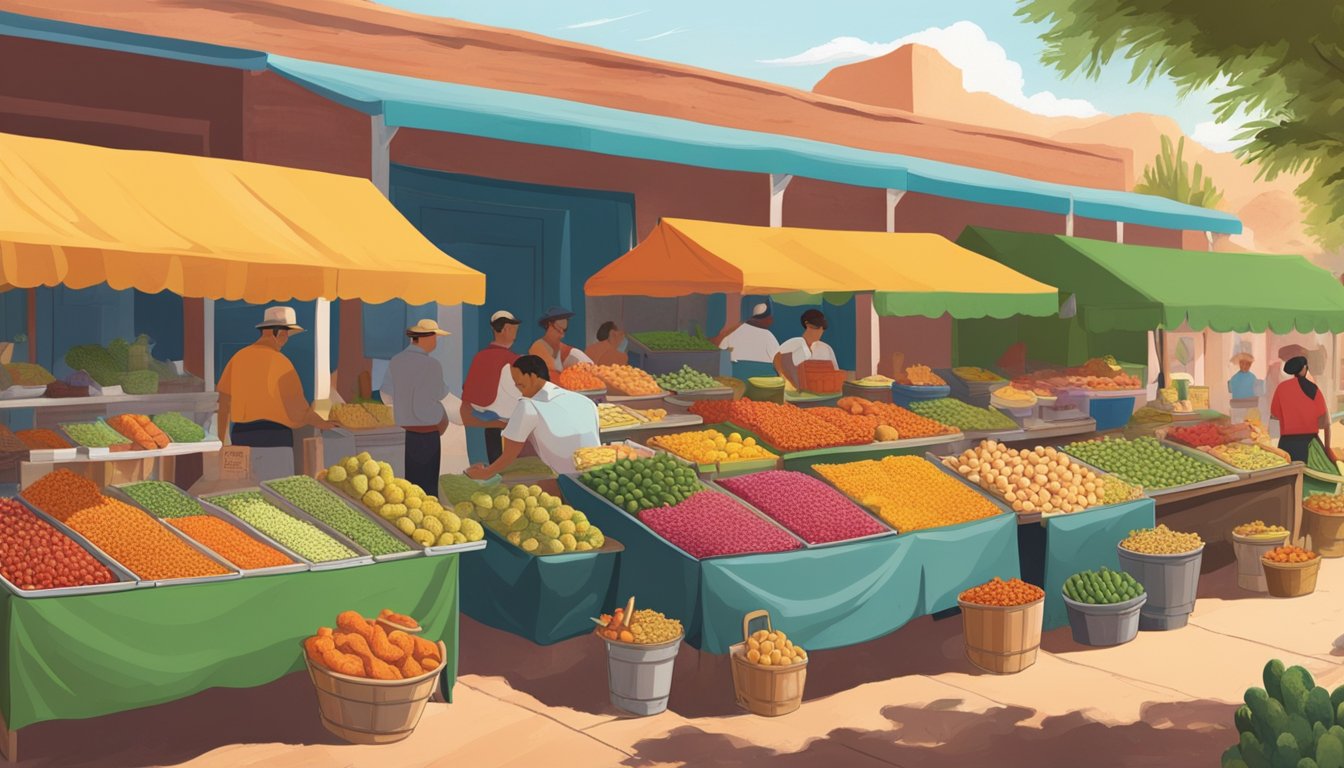 A bustling farmers' market with colorful displays of prickly pears, mesquite flour, and Sonoran hot dogs. The scent of roasted chilies fills the air