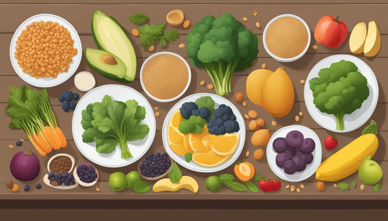 A variety of foods rich in Vitamin B6 arranged on a table with colorful fruits, vegetables, and grains, all labeled with their respective B6 content