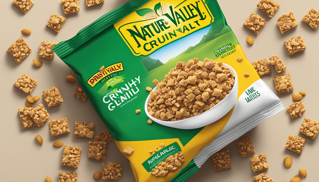 A pile of Nature Valley Crunchy Dipped Granola Squares, overflowing from their packaging, with an empty bowl nearby