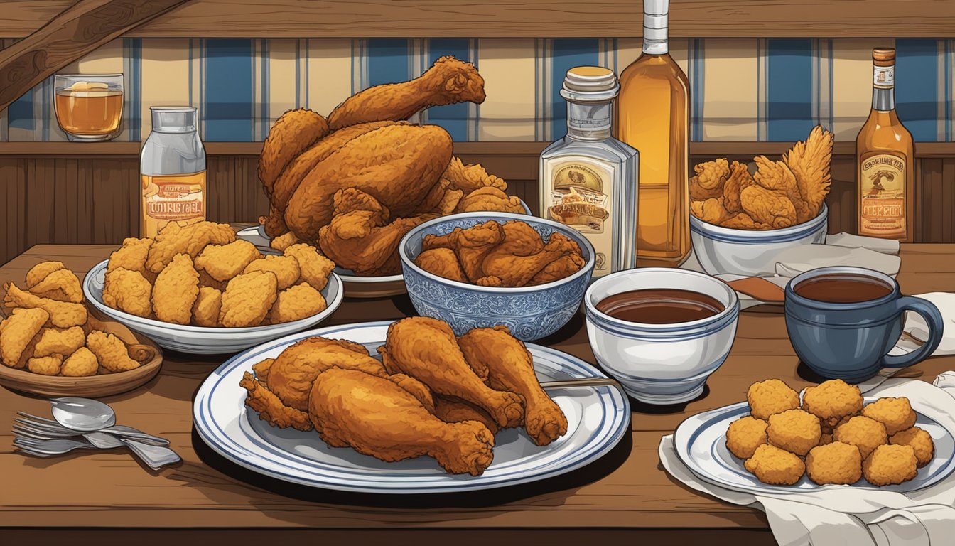 A table set with a spread of fried chicken, biscuits, and bourbon, surrounded by bluegrass music and horse racing memorabilia