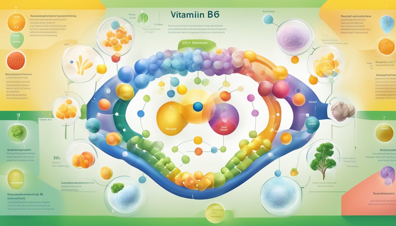 A colorful diagram showing the interaction of vitamin B6 with other nutrients in the production of neurotransmitters