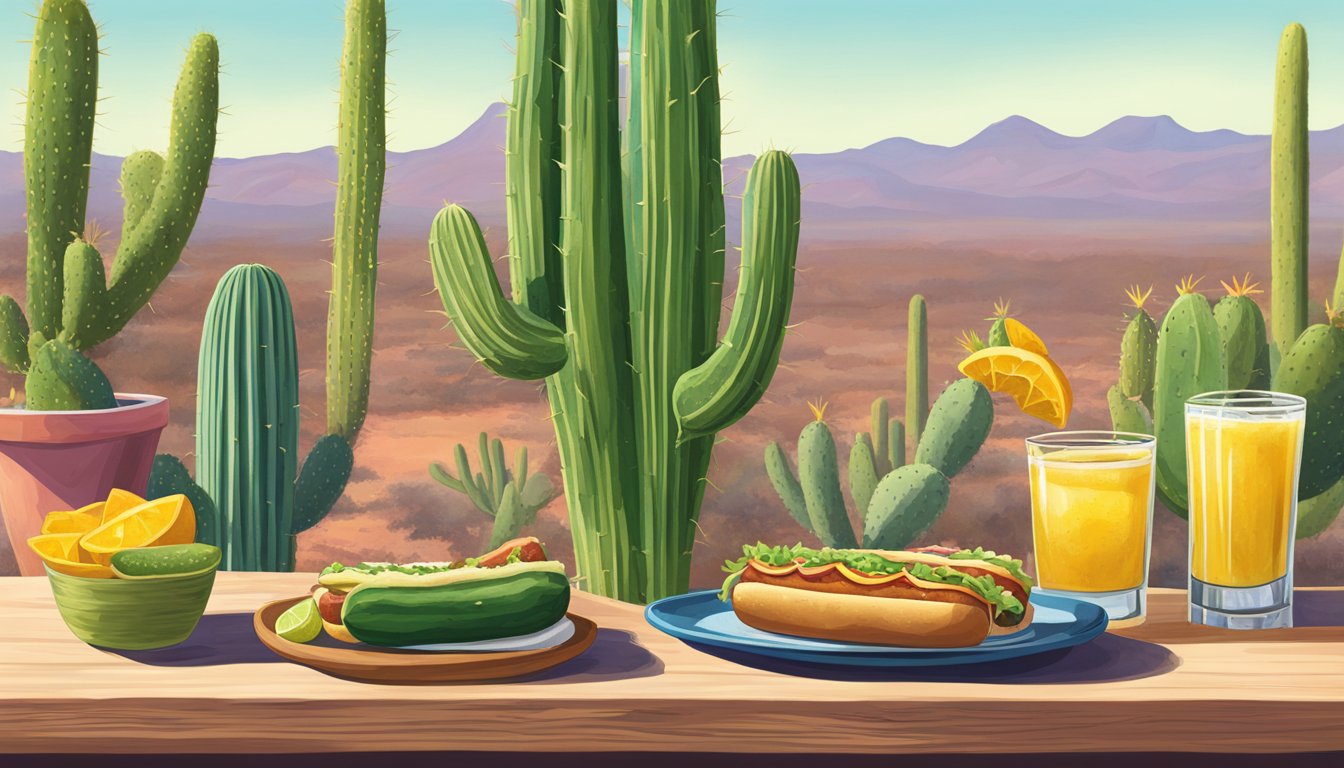 A saguaro cactus towering over a table with prickly pear margaritas and Sonoran hot dogs