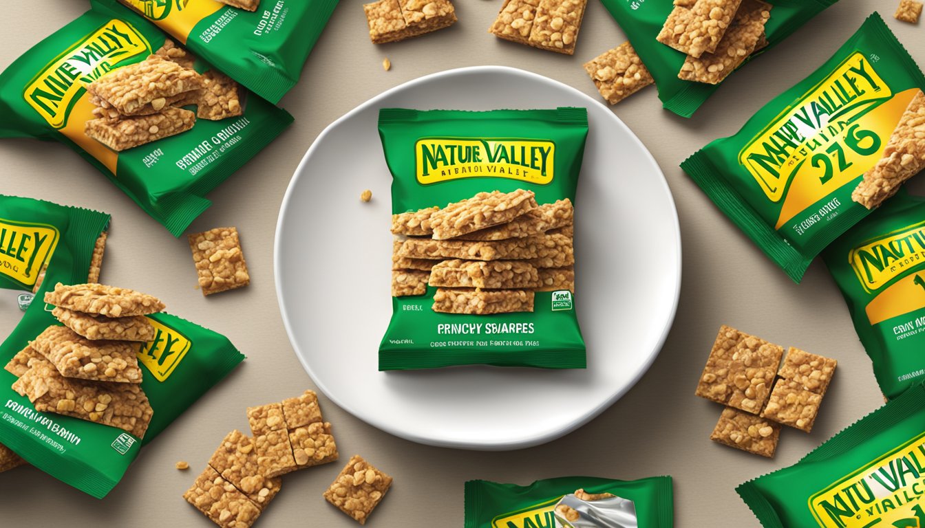 A pile of Nature Valley Crunchy Dipped Granola Squares stacked on a plate, surrounded by empty wrappers