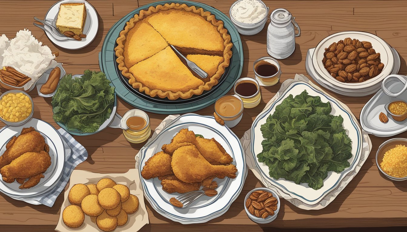 A table spread with classic Southern dishes: fried chicken, collard greens, cornbread, and pecan pie. A map of Alabama hangs on the wall