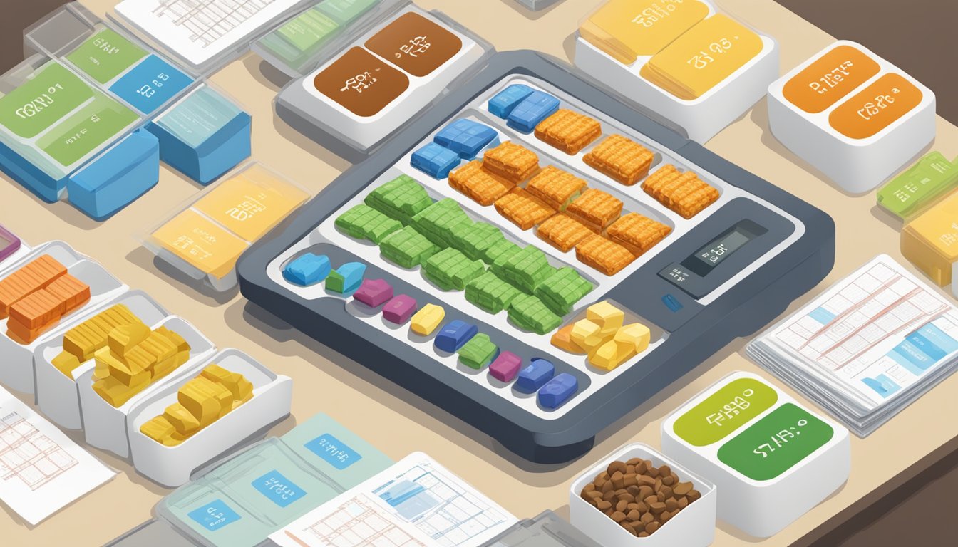 A table with various Kind Bars arranged in rows, surrounded by nutritional information labels and a calculator