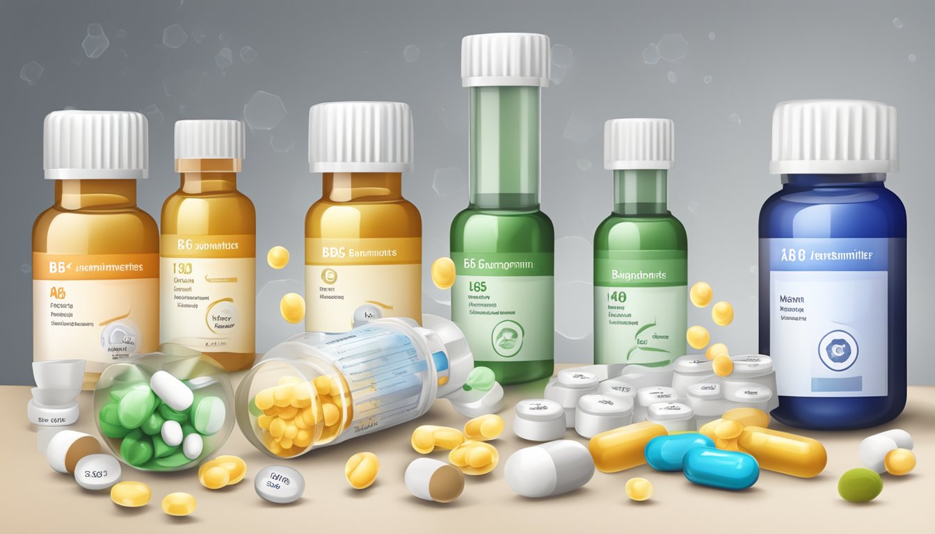 A laboratory table with various vitamin B6 supplements and neurotransmitter diagrams