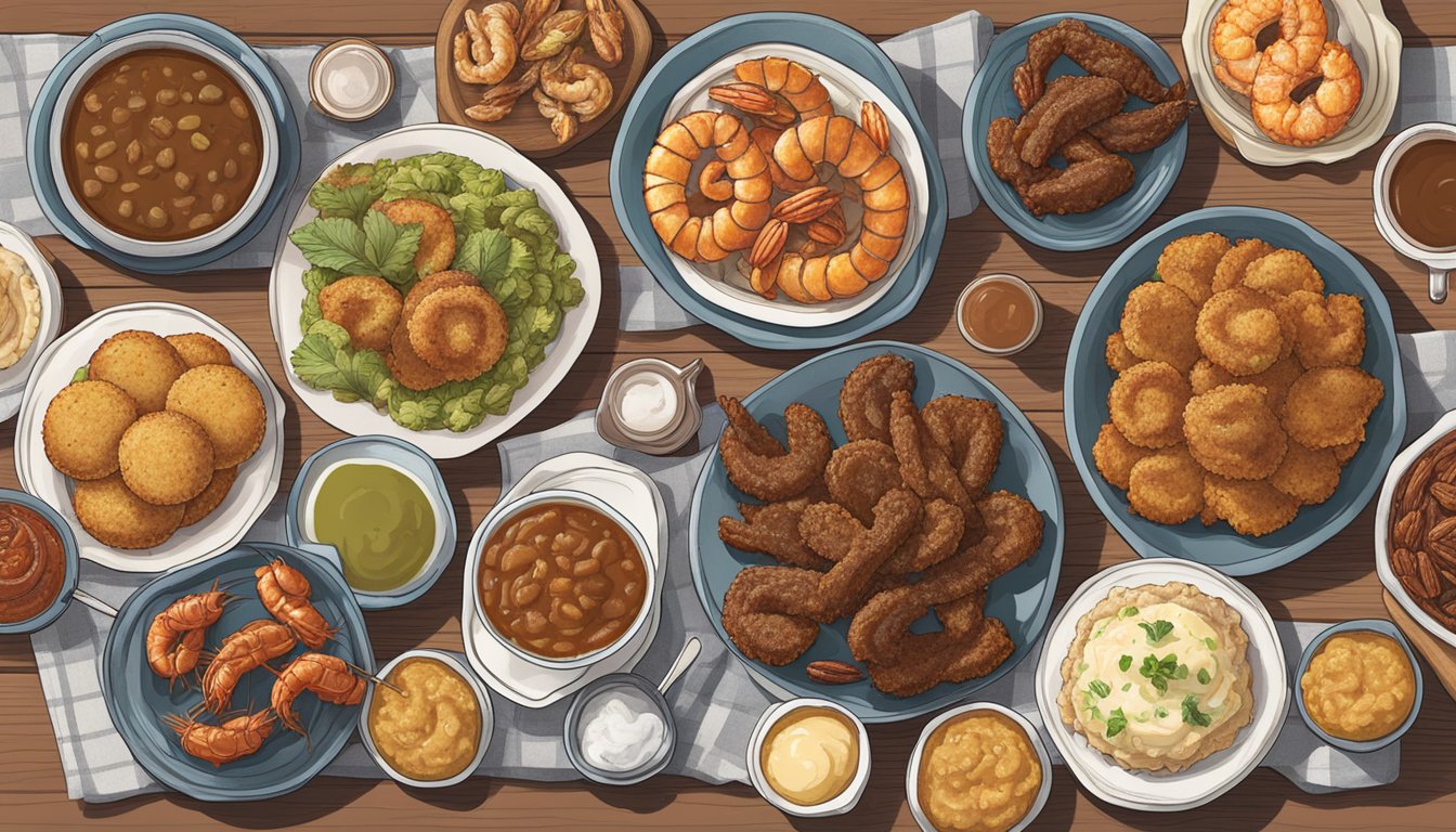 A table spread with classic Alabama dishes: fried green tomatoes, shrimp and grits, pecan pie, and barbecue ribs