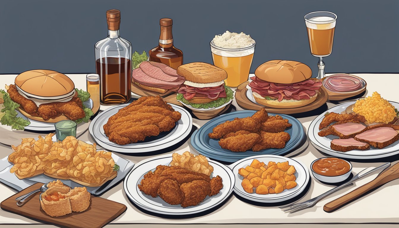 A table set with a spread of classic Kentucky dishes, including fried chicken, bourbon-glazed ham, and hot brown sandwiches