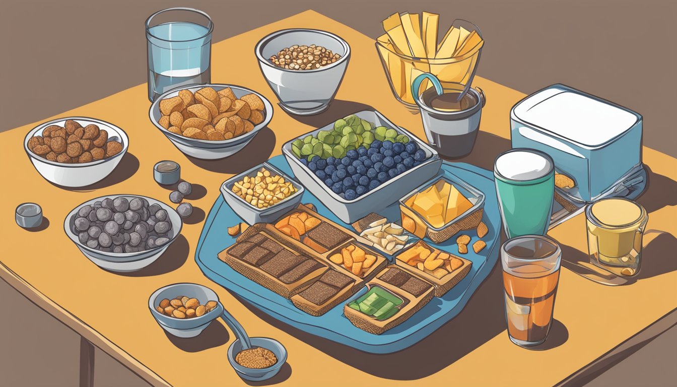 A table with various snacks, including Kind bars, and a measuring cup to illustrate portion control