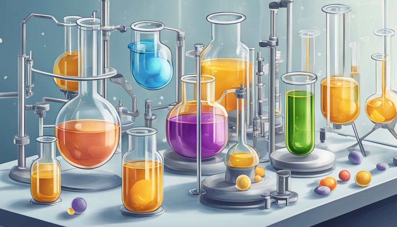 A laboratory setup with beakers, test tubes, and scientific equipment, with a focus on vitamin B6 and neurotransmitter production