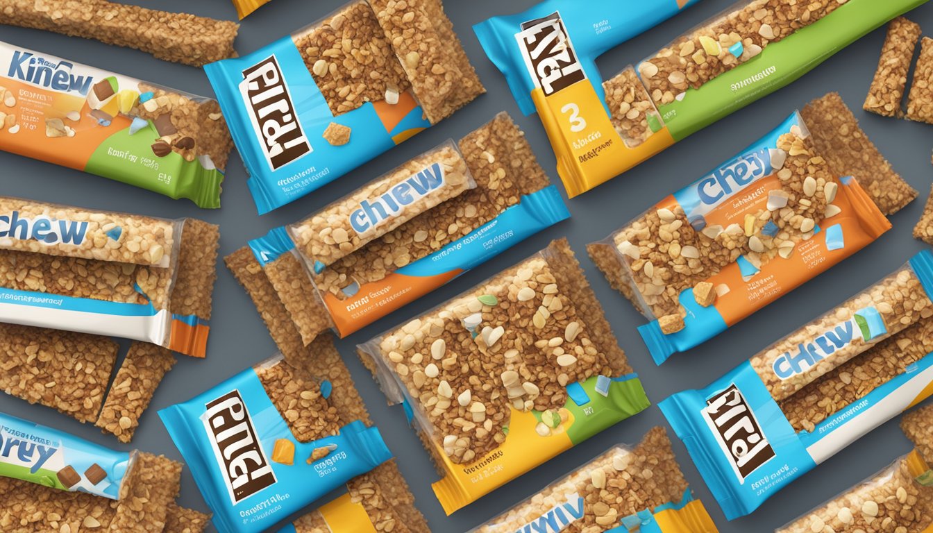 A table with multiple open boxes of Kind chewy granola bars, surrounded by empty wrappers