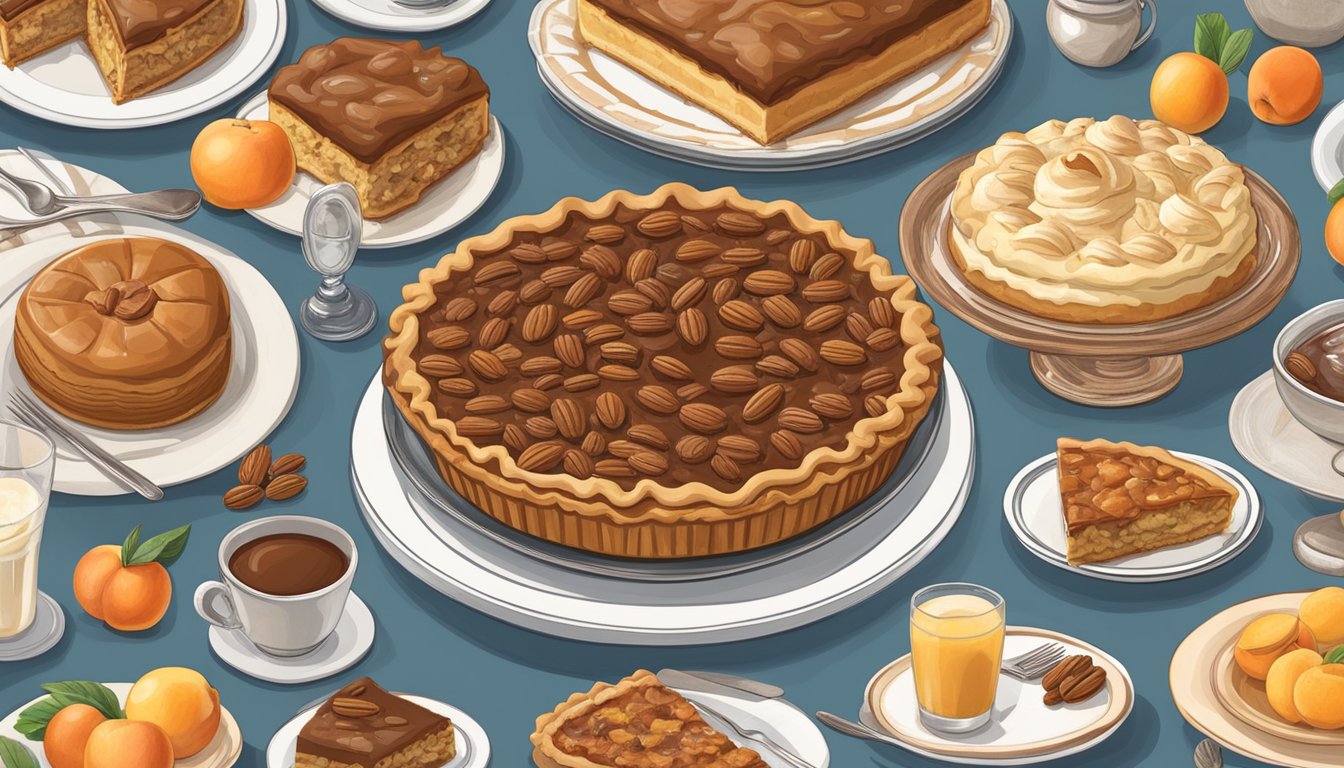 A table filled with iconic Alabama desserts like pecan pie, peach cobbler, and Lane cake, surrounded by southern charm and hospitality