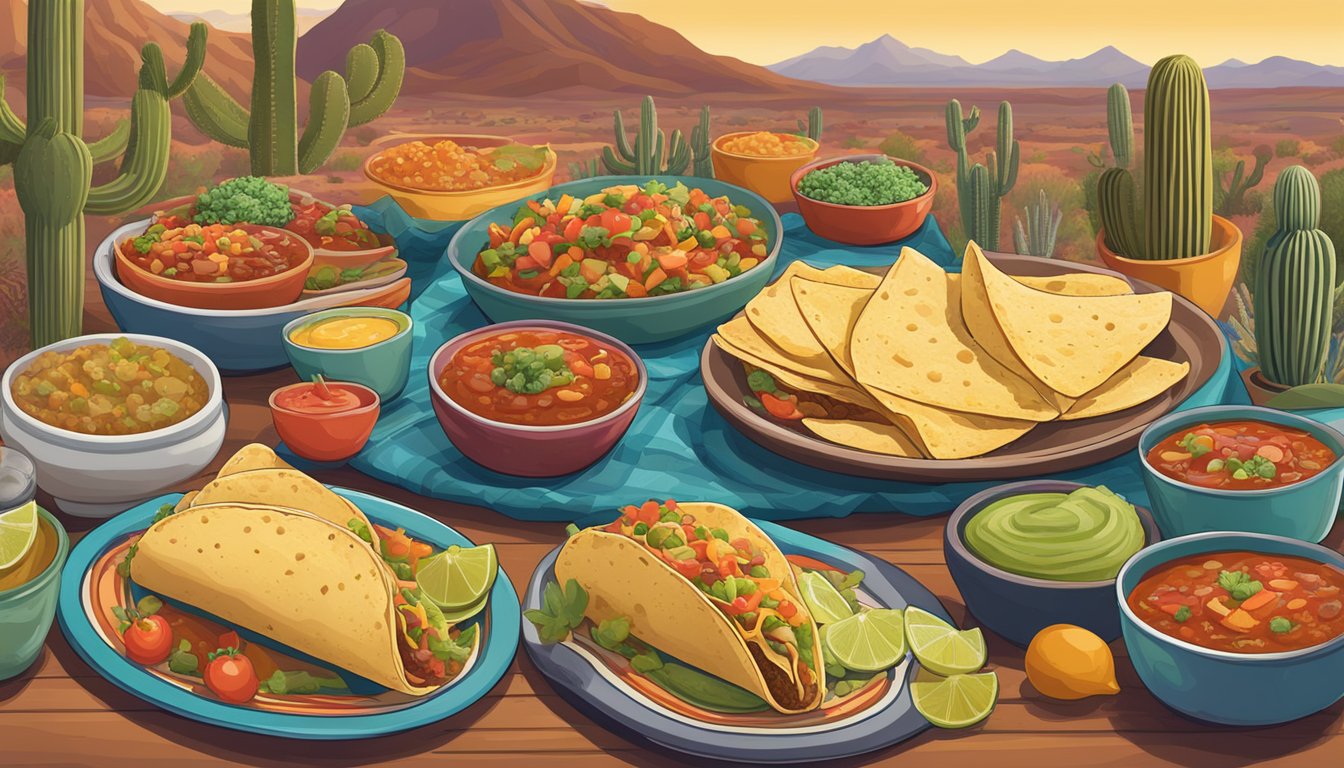 A table set with a colorful array of southwestern dishes, including tacos, enchiladas, and salsa, surrounded by cacti and desert scenery