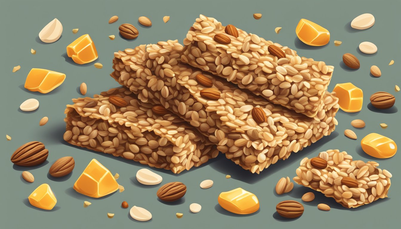 A pile of chewy granola bars surrounded by scattered ingredients like oats, nuts, and honey