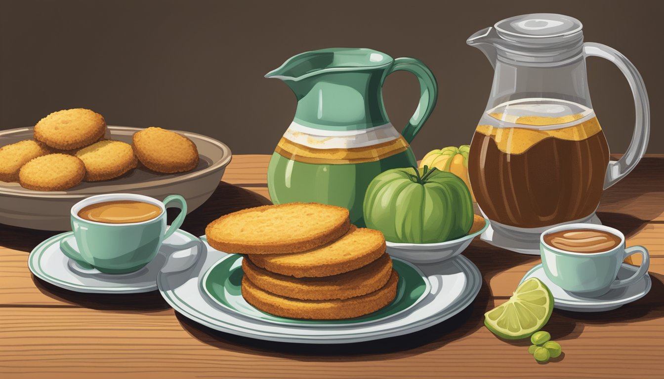 A table set with a pitcher of sweet tea, cornbread, and fried green tomatoes, representing Alabama's famous food traditions