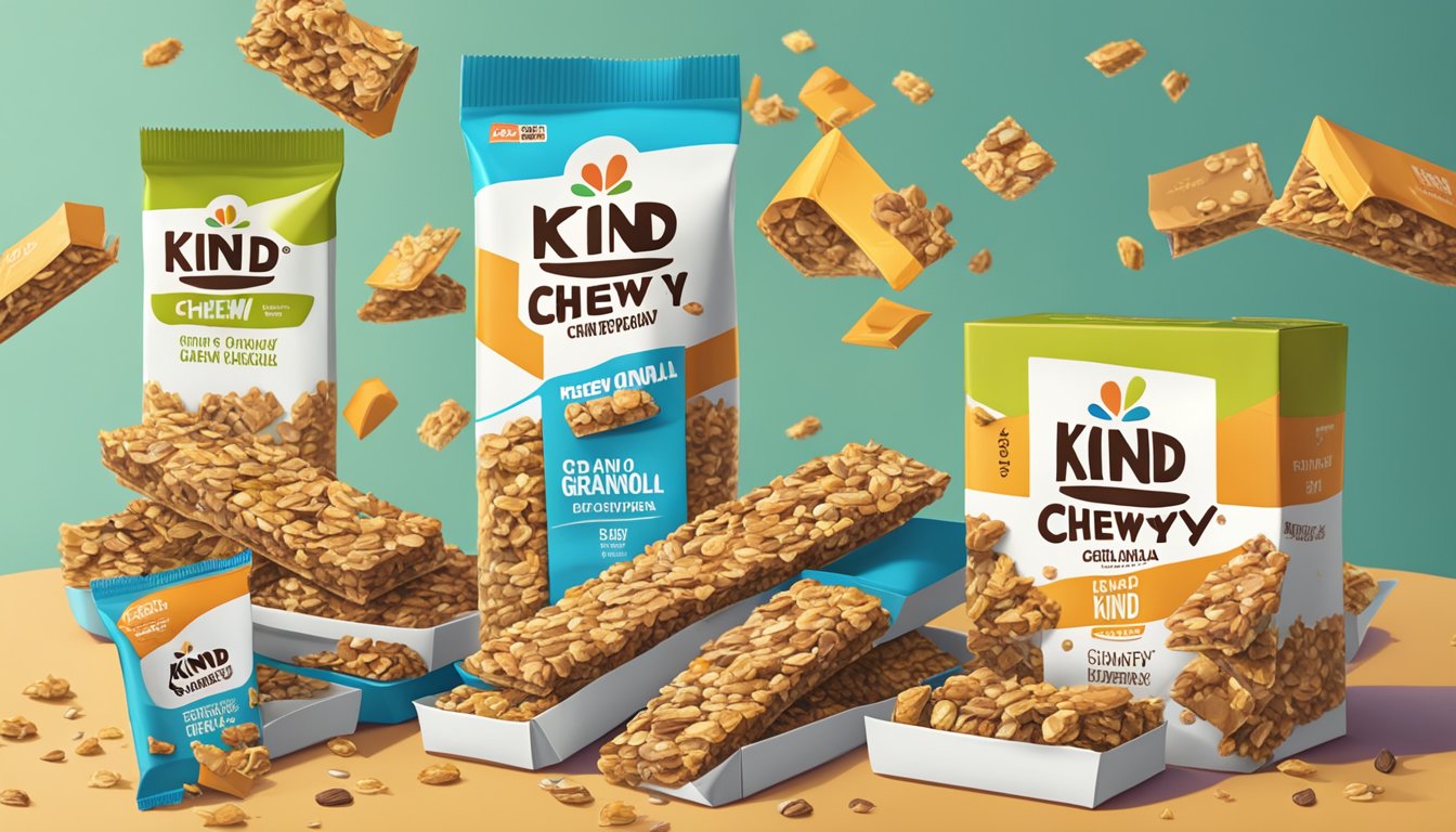 A table with open boxes of Kind chewy granola bars piled high, with scattered bars and wrappers around