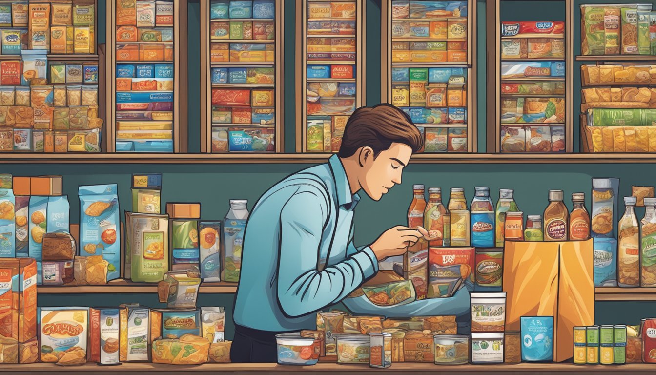 A person surrounded by multiple Kind bars, examining food labels and marketing claims